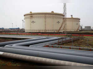 Storage tanks of an oil refinery of Essar Oil are pictured in Vadinar