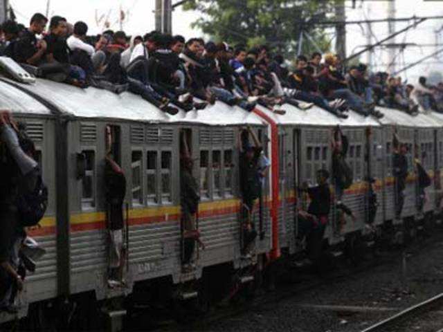 Over-crowded commuter train in Jakarta