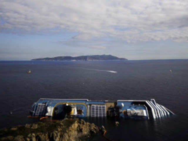 The stricken cruise liner Costa Concordia off the coast of Isola del Giglio