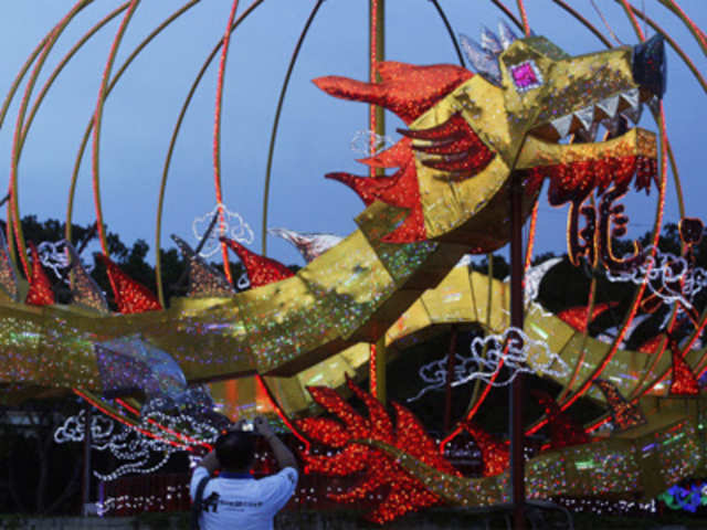A dragon lantern decoration made from recycled materials and LED lights