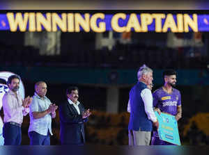 Chennai: KKR skipper Shreyas Iyer being presented the Champions award by BCCI Pr...