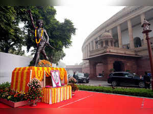 New Delhi: A statue of freedom fighter Birsa Munda is seen adorned with garlands...