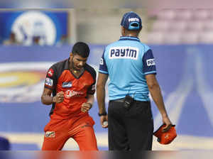 Mumbai: Washington Sundar of Sunrisers Hyderabad celebrates the wicket of Ambati...