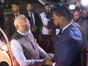 PM Narendra Modi lands in Guyana, received by President Irfaan Ali