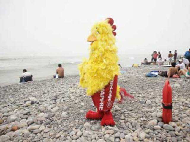 Advertising insurance mascot wearing a chicken costume