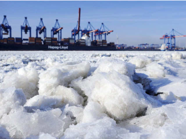 The frozen Elbe river is pictured at the container terminal Altenwerder in the harbour of Hamburg