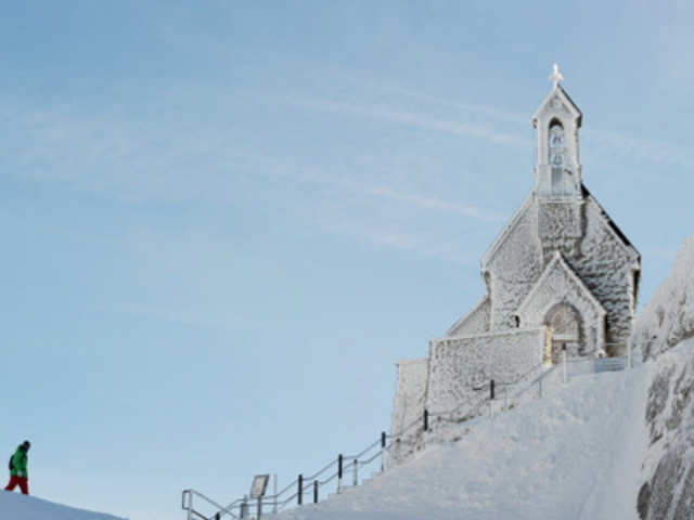 The frost covered Wendelstein church, Germany's highest church