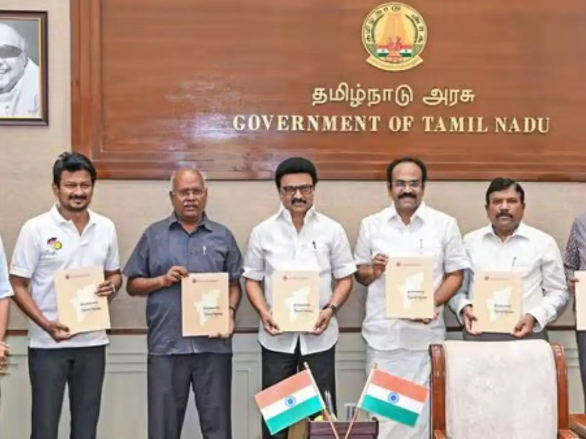 Tamil Nadu budget presentation showing finance officials with budget papers
