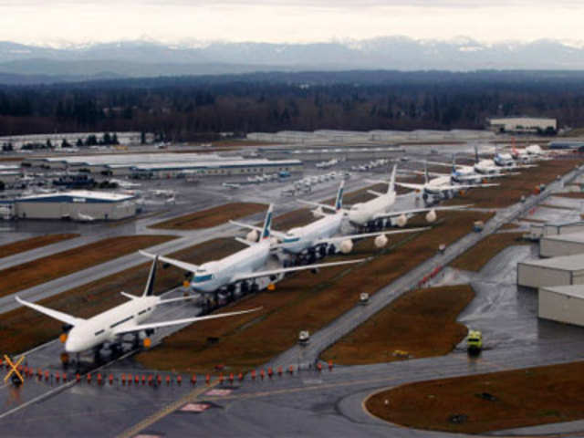 Line-up of Boeing 747s & 787 Dreamliners at the facility