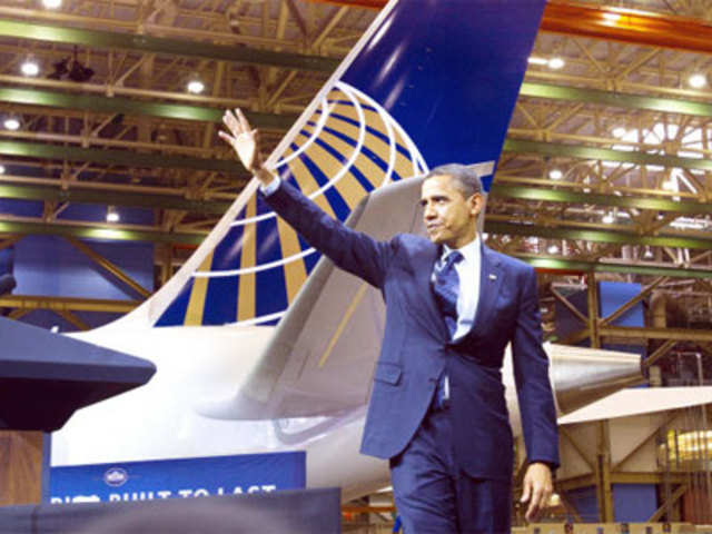 Barack Obama during a tour of the Boeing 787 factory