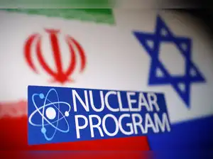 Iran and Israel flags, atom symbol and words 'Nuclear program'