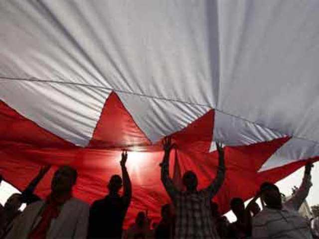 Anti-government protesters hold a Bahraini flag