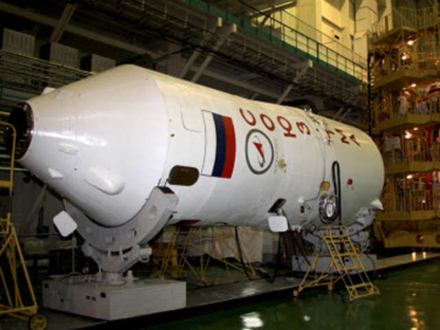 Soyuz TMA-04M spacecraft rests indoors during the ship’s tests at Russia's Baikonur cosmodrome