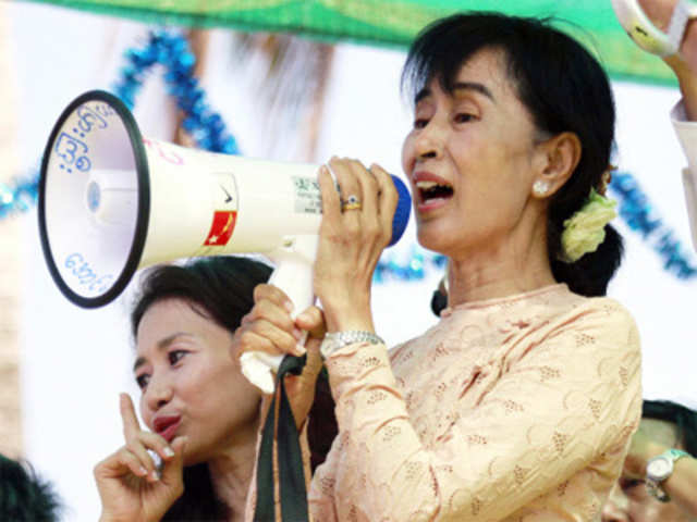 Suu Kyi speaks to supporters during an election campaign