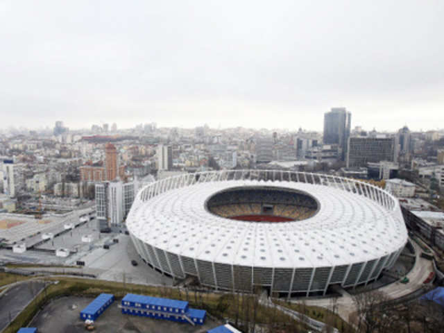 An aerial view shows the Olympic stadium in Kiev