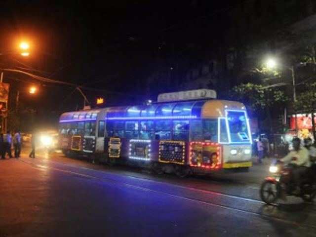 A tram lights up with LED travel in Kolkata