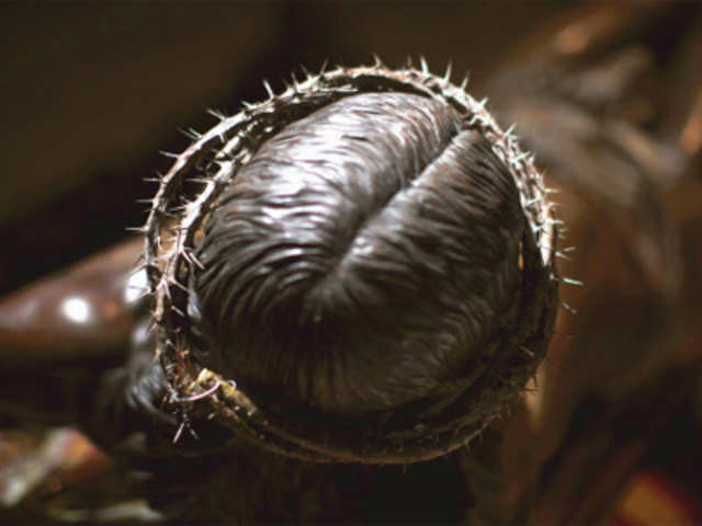 The crown of thorns is seen on the head of the statue of the Christ of Mena