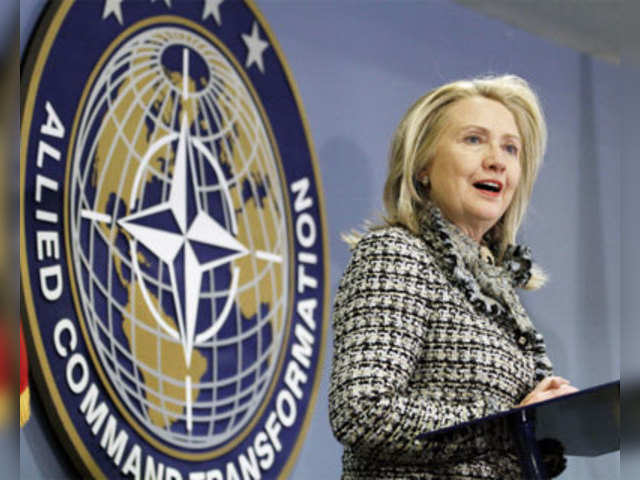 Hillary Clinton speaks at the NATO Allied Command Transformation headquarters