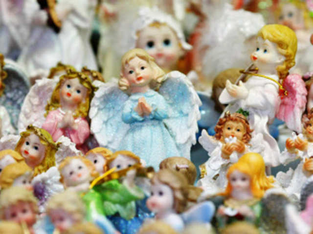 Angel statues for sale are on display near Krakow, southern Poland