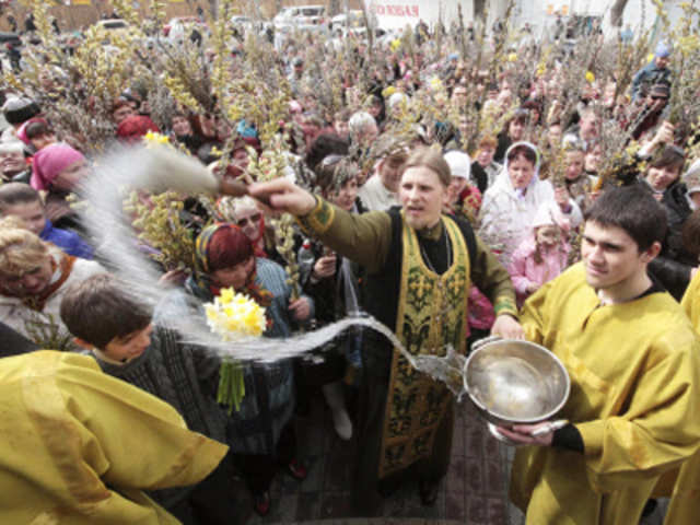 A Palm Sunday service outside a cathedral in Yevpatoria
