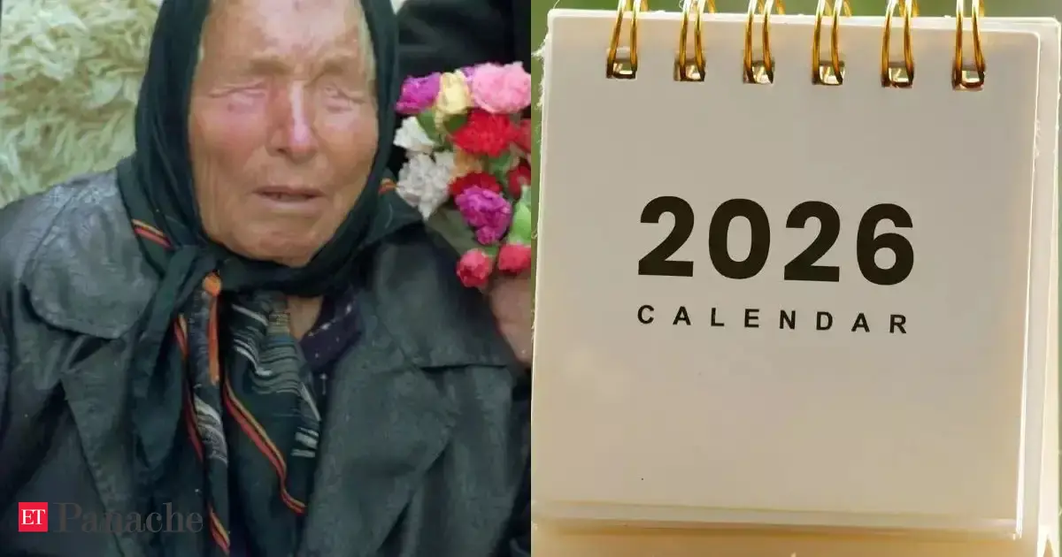 Illustration depicting Baba Vanga with futuristic elements like AI warnings, natural disasters, and global conflict in 2026.