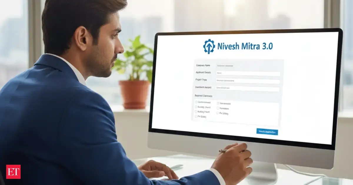 Digital interface of Nivesh Mitra 3.0 platform with icons representing faster business approvals and AI tracking in Uttar Pradesh.