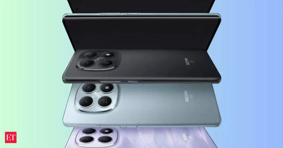 Redmi Note 15 5G and Redmi Pad 2 Pro displayed with specs overlay on launch event stage