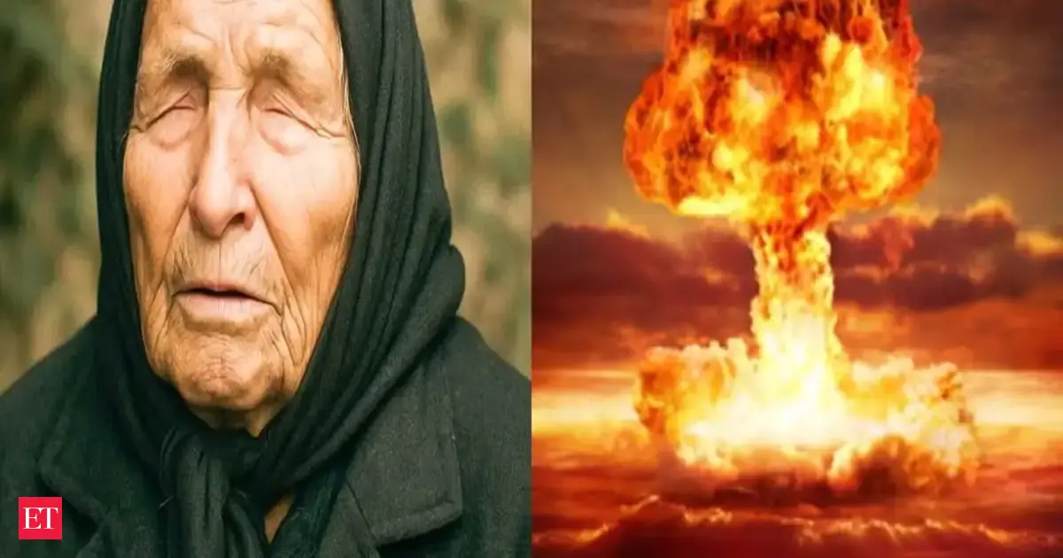 Baba Vanga's silhouette over a world map, overlaid with icons representing geopolitical conflicts, a seizing tanker, and protests.