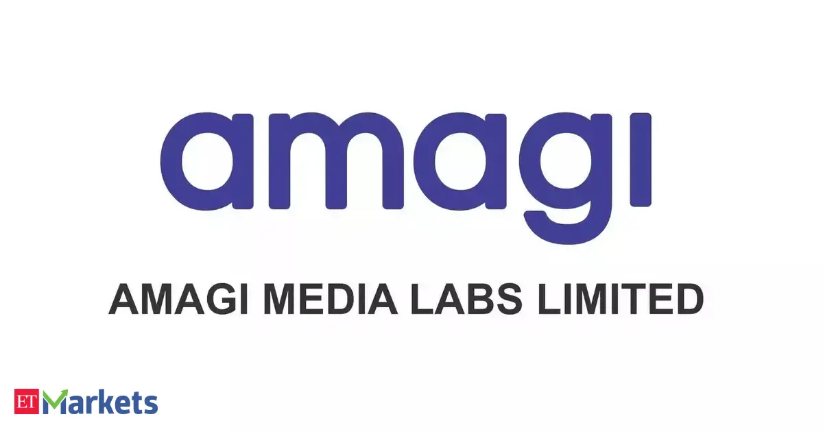 Amagi Media Labs company logo displayed on a digital stock market ticker with a cautious market graph.