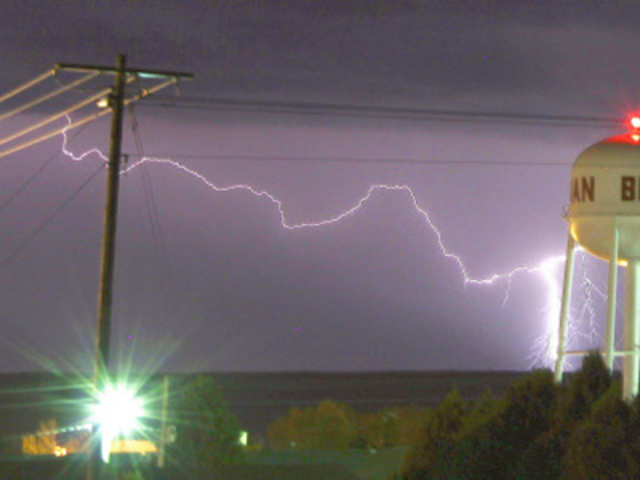 A lightning strike near the water tower of Benkelman, Nebraska