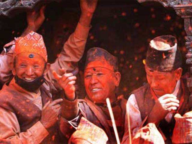 Nepalese celebrating Sindur Jatra festival in Thimi