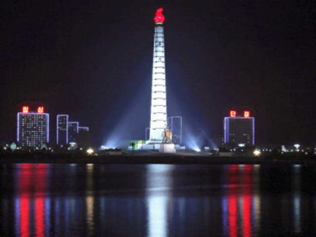 The Tower of the Juche Idea is lit up in Pyongyang