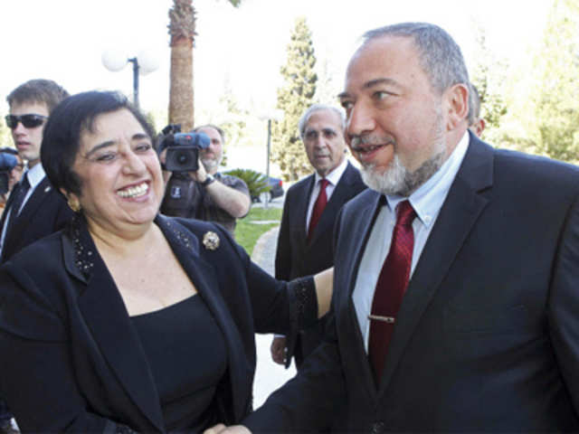 Israeli Foreign Minister Lieberman greets his Cypriot counterpart
