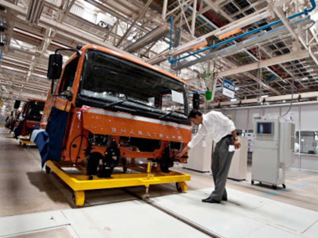 Bharat Benz trucks on assembly line