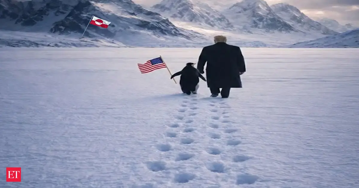 Donald Trump walking alongside an AI-generated penguin holding a US flag, with a Greenland flag visible in the background.