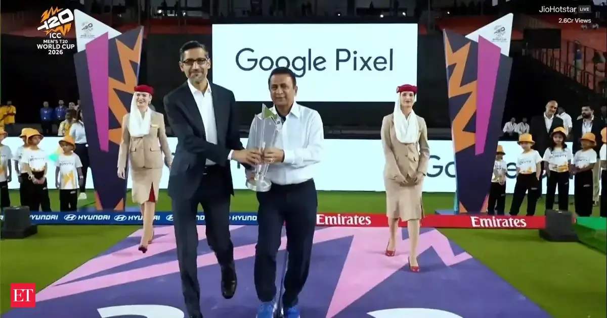 Sundar Pichai and Sunil Gavaskar showcase T20 World Cup 2026 trophy on the field