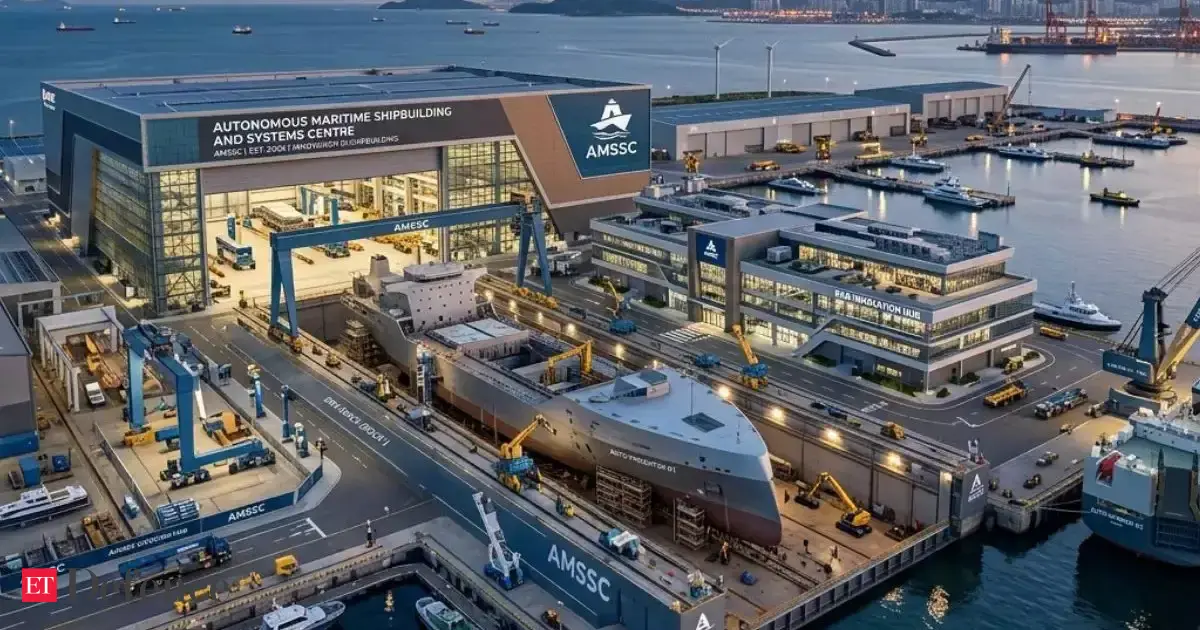 Render of an autonomous unmanned surface vessel being launched from a modern shipyard.