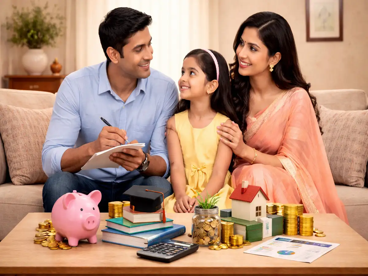Indian family discussing their daughter's financial future