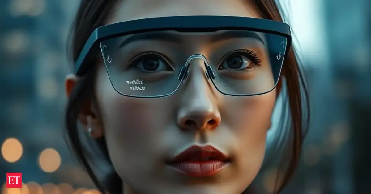 A person wearing subtle smart glasses interacting with augmented reality elements floating in their field of vision, no smartphone visible.