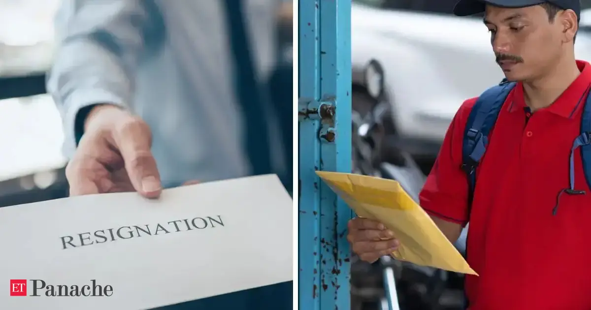 A young person, possibly with a delivery bag, stands at a crossroads between a corporate office building and an open road, symbolizing a career transition.