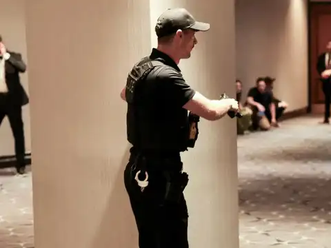 Secret Service Agent Stands Alert with Gun Drawn