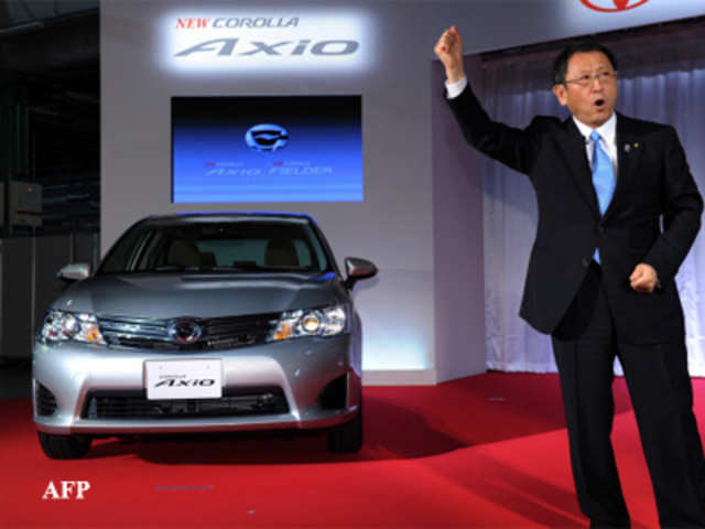 Akio Toyoda speaks during launch of Corolla Axio sedan