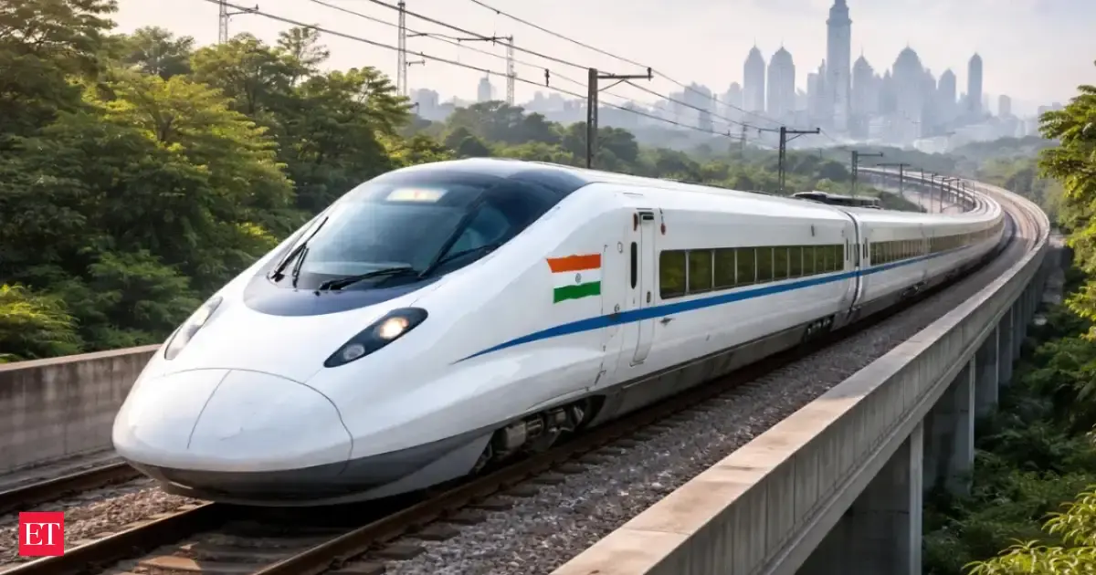 High-speed bullet train speeding past in India, with a blurred airplane in the background, symbolizing the shift from air to rail travel.