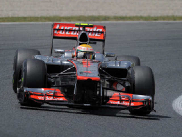 British driver Lewis Hamilton drives at the Circuit de Catalunya