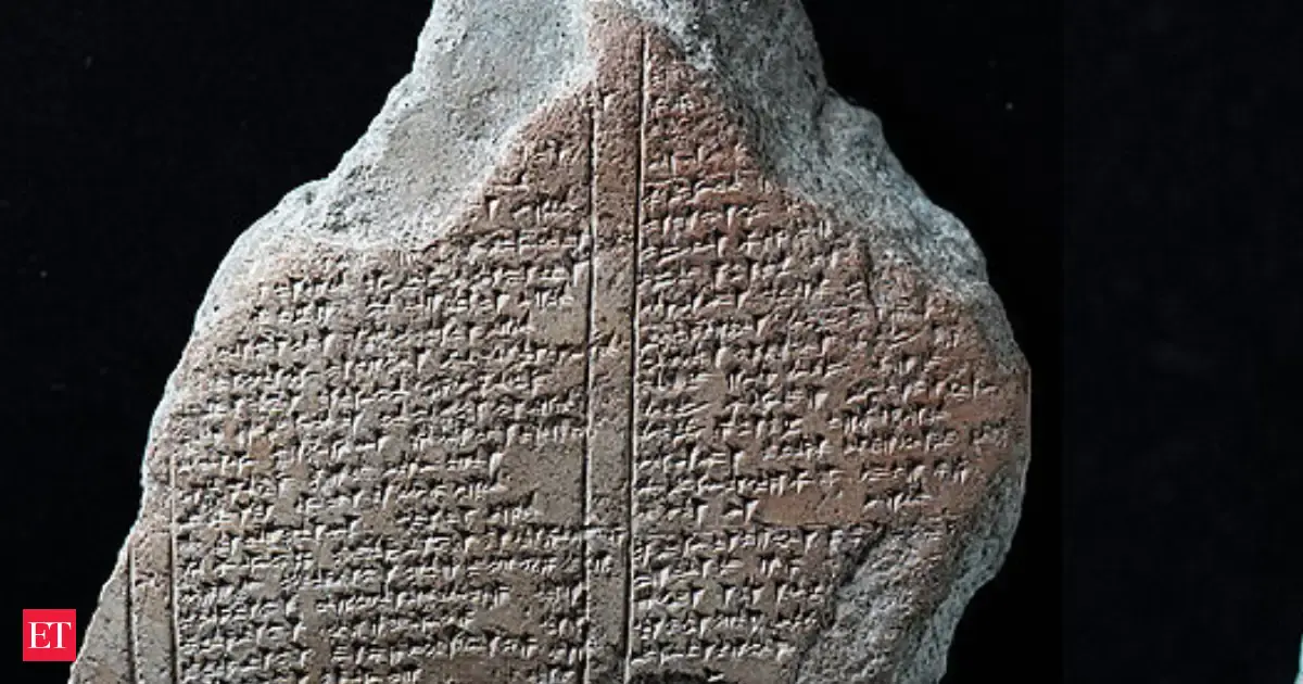 An artificial intelligence interface analyzing ancient cuneiform script on clay tablets, illuminating connections and revealing hidden historical text.