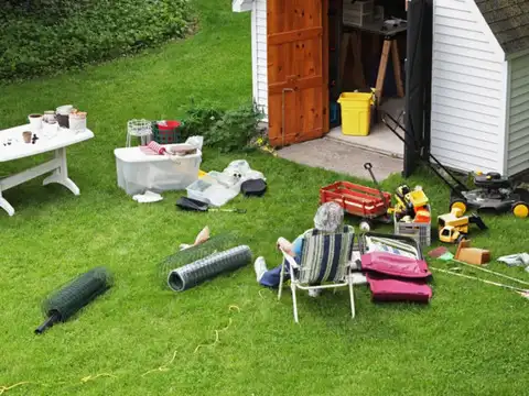 Inside cluttered storage corners outdoors