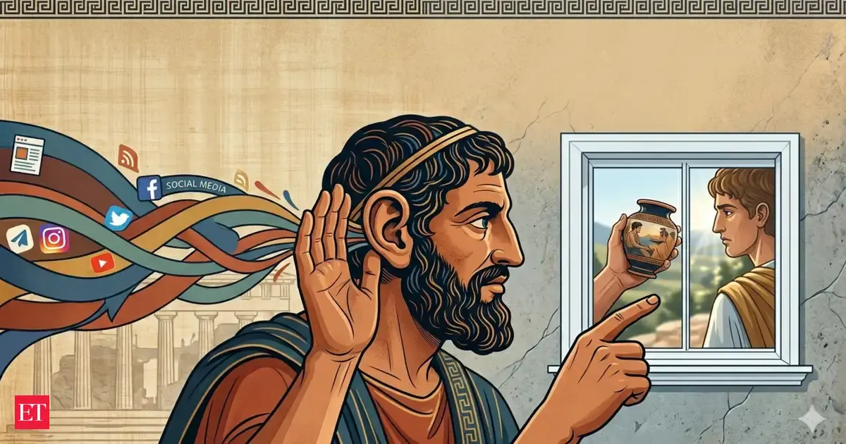 Greek proverb of the day: 'Through our ears others may persuade us not to believe the evidence of...' - motivational life lessons on critical thinking, trusting facts and evidence over opinions and how to not get manipulated and navigate misinformation an