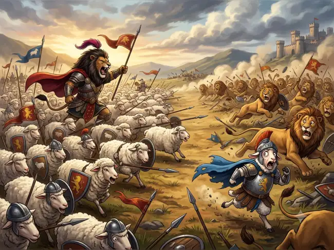 Proverb of the day: The proverb explains how leadership, strategy, courage, and vision can help an ordinary team achieve success over a stronger but poorly guided group. The proverb is, "An army of sheep led by a lion would defeat an army of lions led by a sheep." AI generated image
