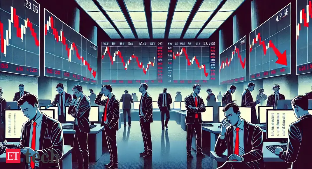 Graph showing falling IT stock prices alongside a celebratory Rentomojo logo with an IPO stamp.