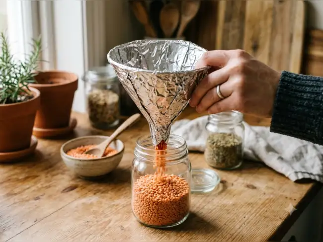One sheet of aluminum foil can solve a surprisingly common kitchen problem by turning into a simple funnel for transferring liquids and dry ingredients without spills.